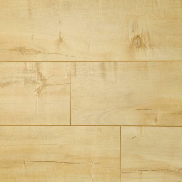 Swatch of laminate flooring in a very light brown color called Gold Rush Maple from Tecsun flooring.