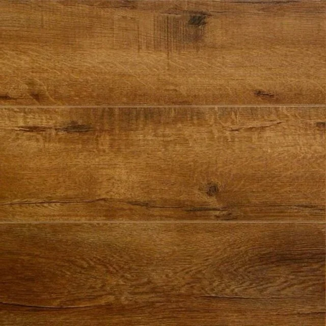 Swatch of laminate flooring in a reddish brown color called Vintage Barrel from Tecsun flooring.
