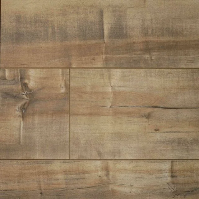 Swatch of laminate flooring in a tan color called Wagon Wheel from Tecsun flooring.
